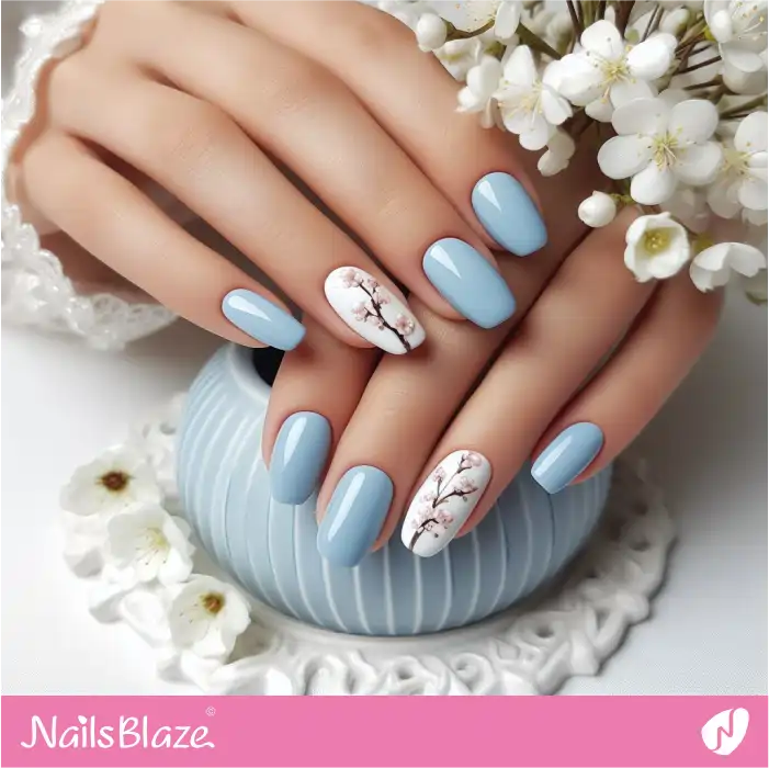 Short Blue Nails for Spring with Cherry Blossoms | Spring Nails - NB3874